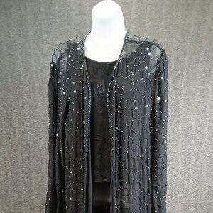Spencer Alexis Black Jacquard Tank & Sheer Sequin Duster Set